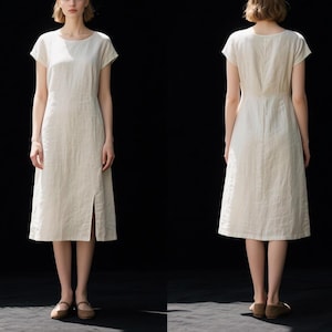 Women Linen Dress with Short Sleeves Custom Midi Dress with Front Slit Summer Dress Handmade Linen Clothing Elegant Dress  Minimalist Dress