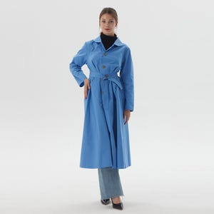 Blue Cotton Trench Coat Women Belted Long Summer Fall Coat Casual Overcoat Minimalist Buttoned Jacket Handmade Custom Coat Plus Size Coat