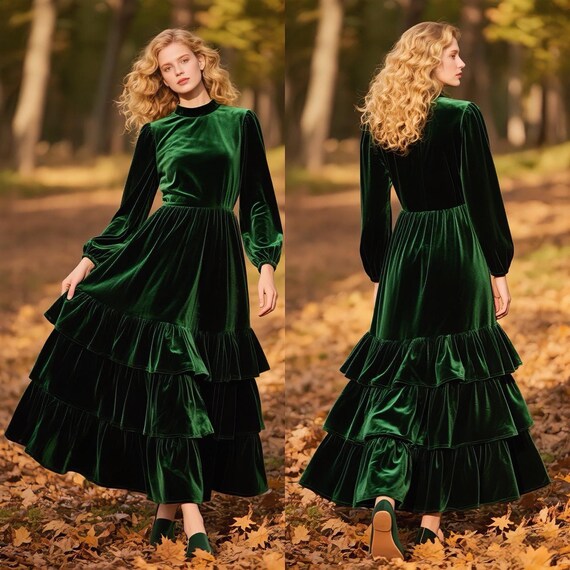 green velvet tiered dress Maxi Fall Winter Dress Women High Neck Bishop Sleeves Dress Ruffle Skirt A Line Modest Wedding Guest Custom Dress Lehenga for wedding season 2024