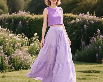 Linen Tiered Maxi Skirt Women High Waist Belt Loop Skirt with Side Zipper Full Length A-Line Skirt Flowy Boho Skirt Summer Fall Custom Skirt