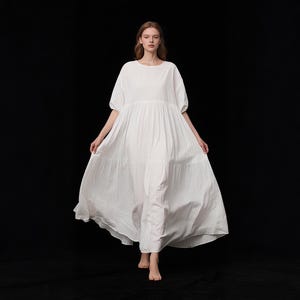 Linen Maxi Dress Women Half Sleeve Round Neck White Dress Tiered Oversized Flowy A Line Summer Fall Dress Elegant Custom Dress With Pockets