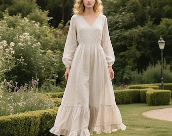 Linen Maxi Dress for Women V Neck Bishop Sleeves Dress Ruffle Hem Long Linen Dress Spring Fall Dress Boho Cottagecore Dress Custom Dress