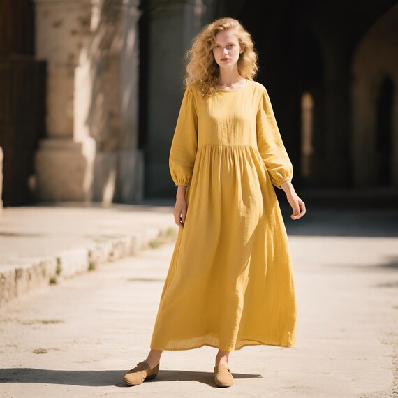 Yellow Linen Maxi Dress for Women| Long Sleeve Cotton-linen Dress | Handmade Flowy Dress | Boho Minimalist Spring Fall Dress Custom Dress