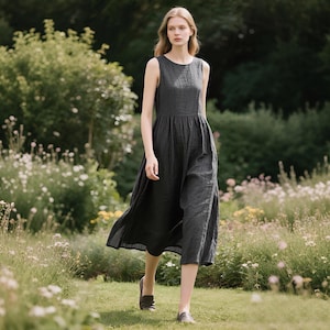 Sleeveless Linen Midi Dress Gathered Waist Summer Dress Minimalist Flowy Linen Dress Relaxed Fit Casual Dress Custom Handmade Linen Clothing