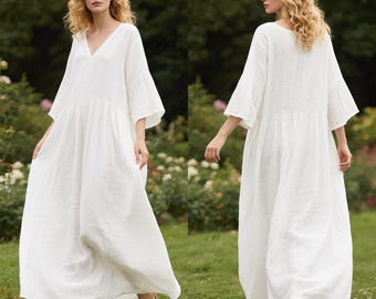 White Linen Maxi Dress with Wide 3/4 Sleeves Custom Fall Dress Handmade V Neck Oversized Flowy Dress Boho Cottagecore Dress with Pockets