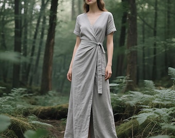 Linen wrap dress for women LINEN WRAP DRESS With Belt Short Sleeve V Neck Dress With Back Slit Custom Dress Summer Fall Boho Dress Plus Size