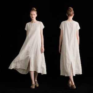 Women Linen Dress with Front and Back Slit Linen Midi Dress Minimalist Summer Loose Dress Linen Clothing Short Sleeve Dress Custom Dress