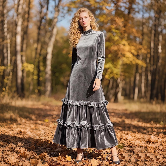 chinese dress ladies Zapaka Women Grey Green Printed Flower Bridesmaid Dress with Slit Square Neck Chiffon Wedding Guest Dress, Grey Green / US2