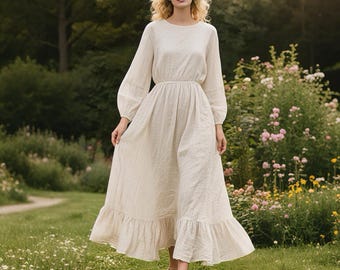 Linen Dress with Bishop Sleeves Round Neck Elastic Waist Ruffle Hem Maxi Dress Cottagecore Linen Dress with Pockets Custom Spring Fall Dress