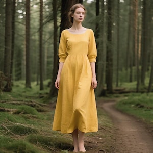 Romantic Linen Maxi Dress with Puff Half Sleeves Custom Round Neck Dress Cottagecore Dress Long Dress Summer Boho A-Line Dress with Pockets