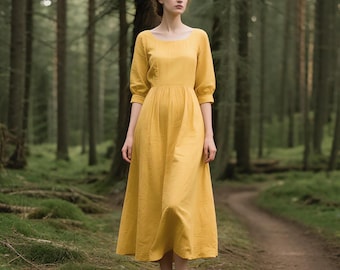 Romantische linnen maxi-jurk met bladerdeeg halve mouwen aangepaste ronde hals jurk Cottagecore jurk lange jurk zomer boho a-lijn jurk met zakken