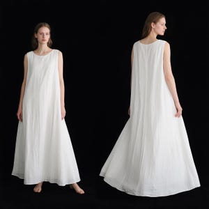 White Linen Maxi Dress with Side Pockets Sleeveless Floor-Length Summer Dress Minimalist Loose Fit Custom Dress Boho Wedding Guest Outfit