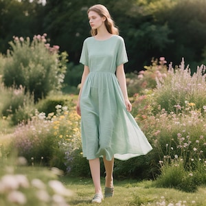 Linen Midi Dress with Elastic Back Short Sleeve Summer Dress with Side Pockets Custom Dress Handmade Casual Dress Women Cottagecore Dress