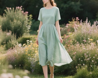 Linnen midi-jurk met elastische achterkant, korte mouw zomerjurk met zijzakken Aangepaste jurk Handgemaakte vrijetijdsjurk Dames Cottagecore-jurk