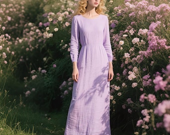 Robe longue en lin pour femme, robe à manches longues et col rond, minimaliste fait main, vêtements durables, robe de vacances printemps-automne, robe Cottagecore