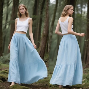 Leinen Maxi-Rock mit Taschen Abgestufter langer Rock mit elastischer Taille Fließender Boho-Rock für den Sommer Handgemachter Cottagecore-Rock Langer Rock nach Maß