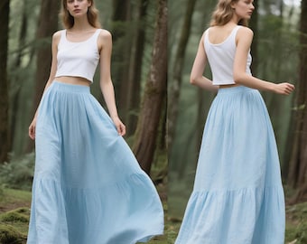 Linen Maxi Skirt with Pockets Tiered Long Skirt with Elastic Waist Flowy Boho Skirt for Summer Handmade Cottagecore Skirt Long Custom Skirt
