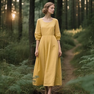 Yellow Linen Maxi Dress with Puff Sleeves Custom Round Neck Dress Women Boho Vintage Dress Summer Dress Cottagecore Dress Romantic Dress