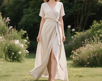 Linen Wrap Dress for Women with Waist Belt Custom Maxi Summer Fall Dress with V-Neck and Pockets Minimalist Prairie Dress Linen Kaftan Dress