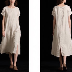 LEINEN KLEID mit kurzen Ärmeln Kleid Lockeres Leinen Midi Kleid mit Slit Sommer-Fall-Kleid-Casual-Kleid mit Taschen Custom Dress Plus Size Dress