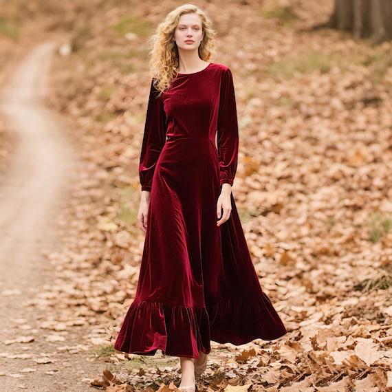 Burgundy Velvet Maxi Dress for Women Long Sleeve A-line With Ruffle Hem,  Fall Winter Wedding Guest Gown Holiday Party Dress Custom Dress