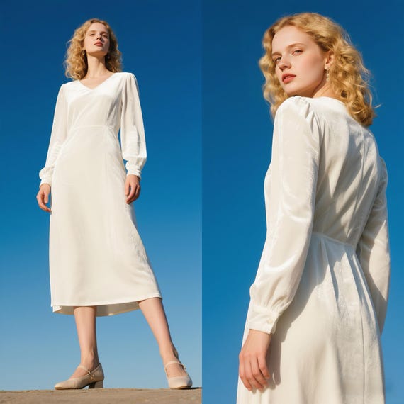 winter white velvet dress Midi | Long Sleeve Velvet V-neck Dress | Elegant Bridal Dress | Handmade Custom Velvet Formal Dress Evening Dress continue New Yorker Summer Dress Size:13-14 years low hem
