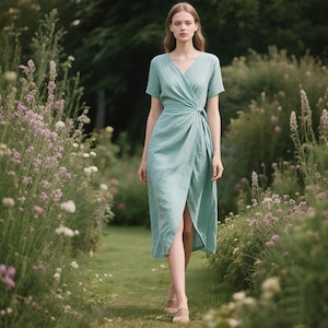 Wrap Linen dress Short sleeve Linen Wrap Dress with Waist Tie Summer Fall Linen Midi dress Womens Dress Soft Short Linen dress Custom Dress