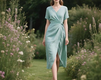 Wrap Linen dress Short sleeve Linen Wrap Dress with Waist Tie Summer Fall Linen Midi dress Womens Dress Soft Short Linen dress Custom Dress