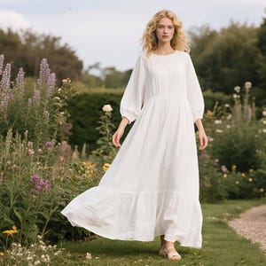 Linen Maxi Dress with Balloon Sleeves Handmade Ruffle Hem Long Dress Cottagecore Flowy Dress with Pockets Spring Fall Dress Custom Dress