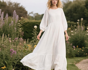 Linen Maxi Dress with Balloon Sleeves Handmade Ruffle Hem Long Dress Cottagecore Flowy Dress with Pockets Spring Fall Dress Custom Dress