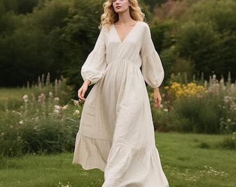 Linen Maxi Dress for Women Bishop Sleeves Dress with Ruffle Hem Long Sleeve Dress Elegant Boho Linen Clothing Custom Dress Spring Fall Dress