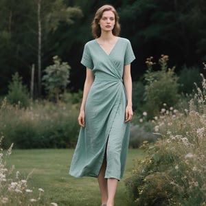 Linen Dress for Women Summer Dress Wrap Dress Short Sleeve V-neck Dress Vacation Beach Dress Wedding Guest Dress Midi Dress Linen Clothing