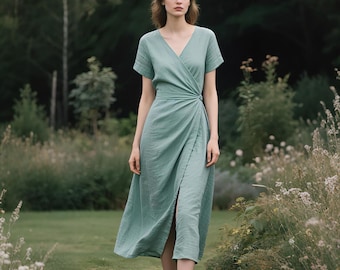 Linen Dress for Women Summer Dress Wrap Dress Short Sleeve V-neck Dress Vacation Beach Dress Wedding Guest Dress Midi Dress Linen Clothing