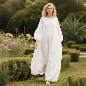 White Linen Maxi Dress with Balloon Sleeves Handmade Oversized Tiered Dress Loose Fit Boho Cottagecore Dress Spring Fall Dress Custom Dress
