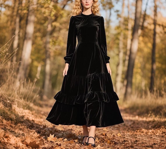 Black Velvet Maxi Dress Women Long Sleeve Ruffle Hem A Line Dress Modest  Vintage Evening Gown Winter Fall Dress Holiday Party Custom Dress - Etsy