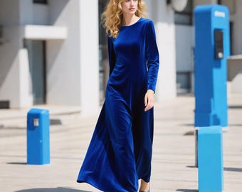 Royal Blue Velvet Maxi Dress | Long Sleeve Elegant Velvet Gown | Minimalist Winter Formal Dress | Custom Handmade Velvet Dress vVintage Gown