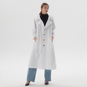 Elegant White Cotton Trench Coat Women&#39;s Long Bohemian Overcoat Minimalist Loose-Fit Jacket Plus Size Customizable Coat Spring & Fall Coat
