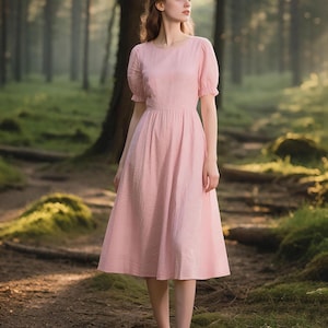 Womens Linen Midi Dress Custom Short Puff Sleeve Dress Handmade Dress Summer Linen Dress Elegant Dress Vintage Dress Casual Everyday Dress
