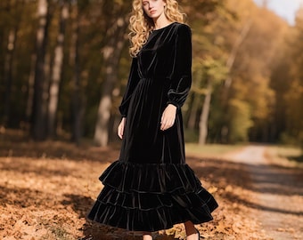 black winter party dresses Modern / Fashion Black Suede Winter Evening Dresses 2019 A-Line / Princess Scoop Neck Long Sleeve Floor-Length / Long Ruffle Backless Formal Dresses
