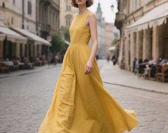 Sleeveless Linen Maxi Dress with Pockets Elegant Long Dress with Fitted Waist Low Back Flowy Dress Floor Length Dress Women Custom Dress