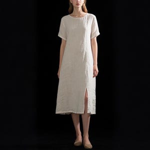 Women Linen Midi Dress with Front Slit Summer Dress with Pockets Short Sleeve Dress Custom Handmade Dress Casual Loose Dress Plus Size Dress