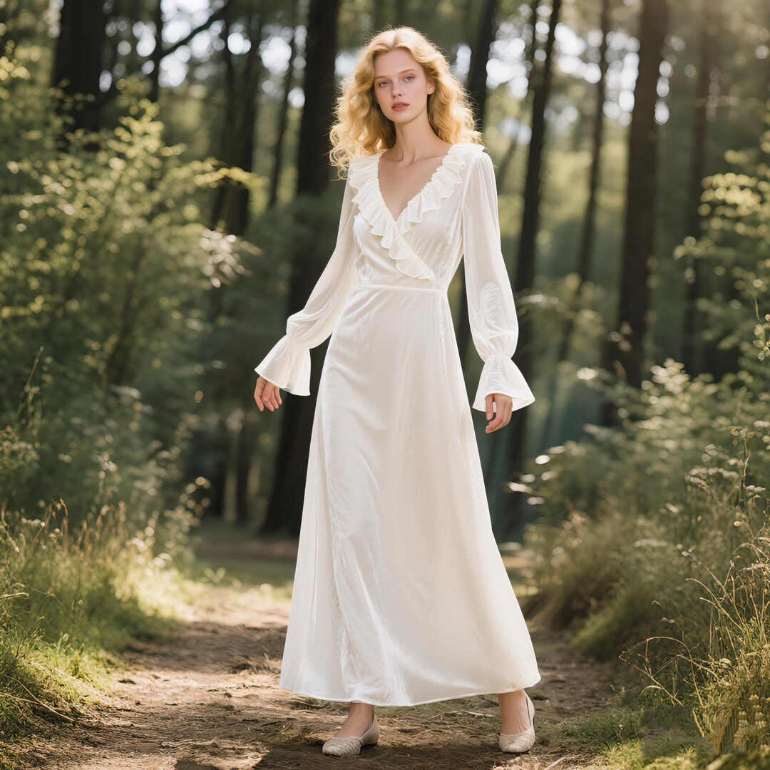 white velvet maxi dress White Velvet Maxi Dress | Elegant Long Sleeve Velvet Gown With Ruffle  Neckline | Handmade Winter Formal Dress | Custom Bridal Velvet Dress