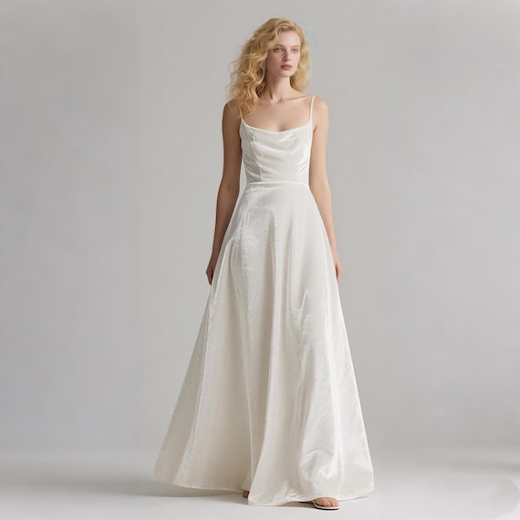 White Velvet Dress Wedding Dress Women Spaghetti Strap Cowl Neck Dress A  Line Floor Length Bridal Gown Fall Winter Minimalist Custom Dress