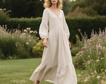 Boho Linen Maxi Dress with Balloon Sleeves Handmade V Neck Ruffle Hem Dress Long Sleeves Fall Dress Flowy Cottagecore Dress Custom Dress