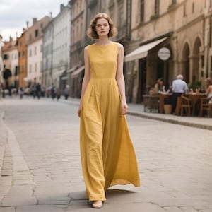 Linen Dress With Pockets Elegant High Neck A-Line Summer Dress Cottagecore Maxi Dress Floor Length Dress Women Custom Dress Handmade Dress