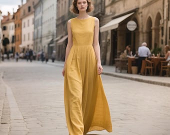 Linen Dress With Pockets Elegant High Neck A-Line Summer Dress Cottagecore Maxi Dress Floor Length Dress Women Custom Dress Handmade Dress