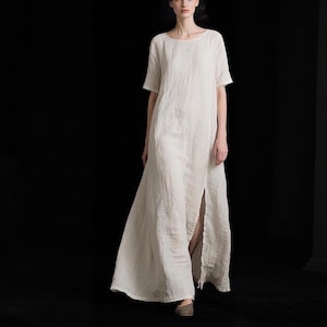 Women&#39;s Linen Dress Short Sleeves Long Dress Front-Slit Summer Fall Dress Plus Size Dress Loose Linen Maxi Dress with Pockets Custom Dress