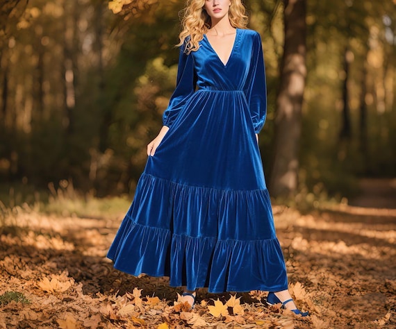 Velvet Maxi Dress V Neck Long Sleeve Dress Tiered Ruffle Hem A Line Dress  Modest Formal Evening Wedding Guest Dress Fall Winter Party Dress