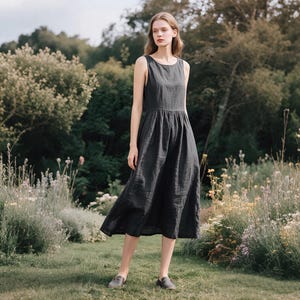 Linen Sleeveless Midi Dress for Women Gathered Waist A-Line Summer Dress Cottagecore Dress Minimalist Linen Clothing  Custom Handmade Dress