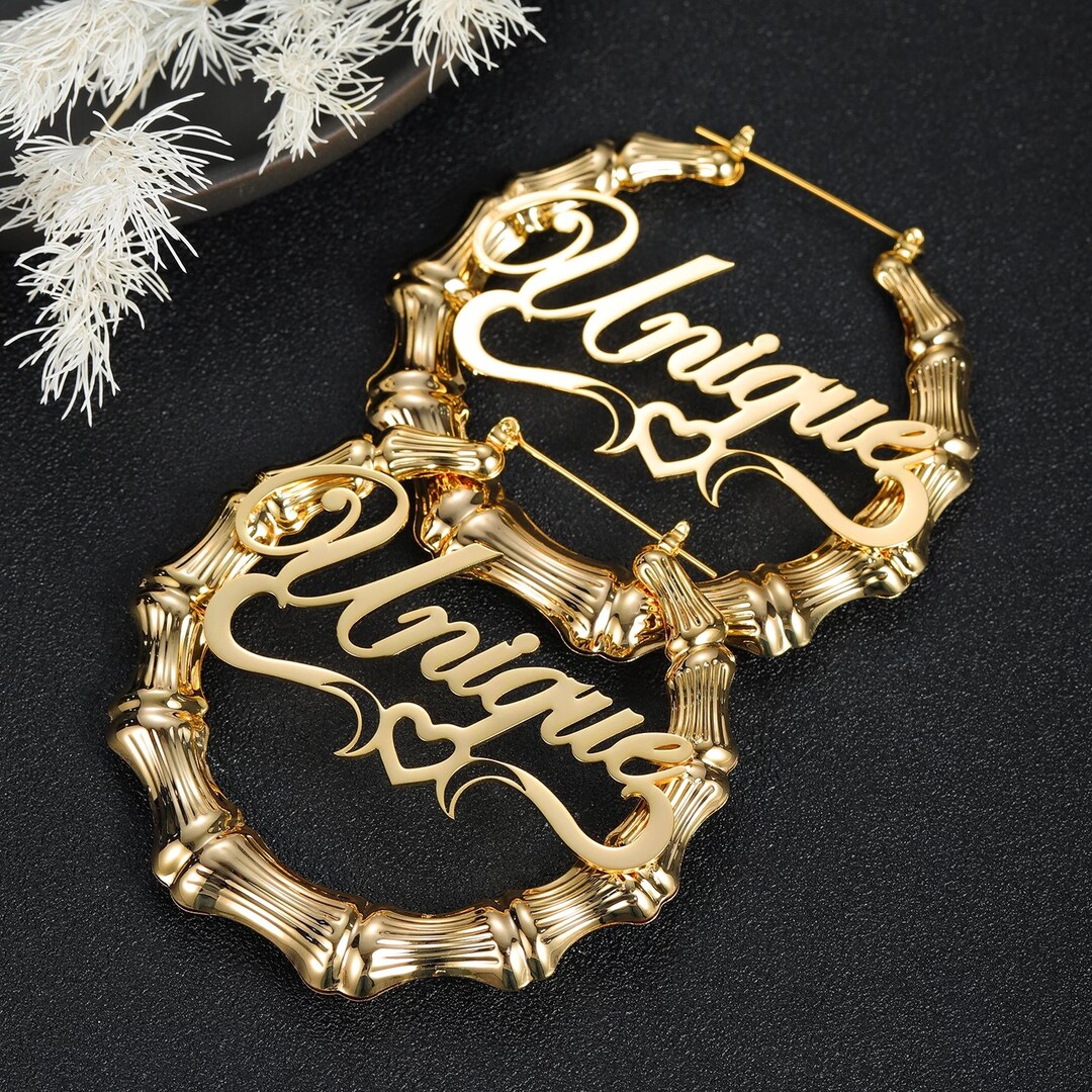 Bamboo Earrings Name, Personalized Earrings, Custom Name Earrings